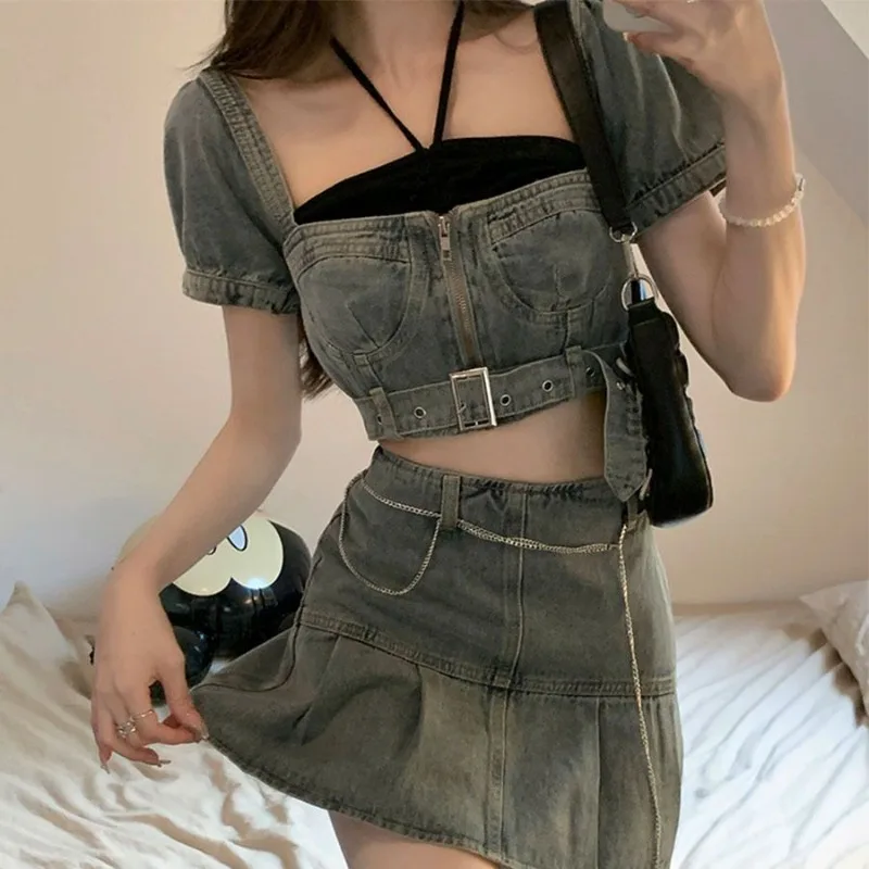 Short Sleeve Mature Night Club Sexy Woman Outfit Skirt 2 Pieces Sets for Women Mini Denim Cotton Chic and Elegant Casual Jacket