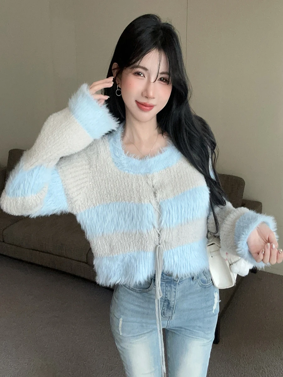 سترة محبوكة من Sweet Sle ort مع نمط شريطي وربطة عنق للنساء مادة Plu لون عتيق أنبوب مستقيم مناسب #1