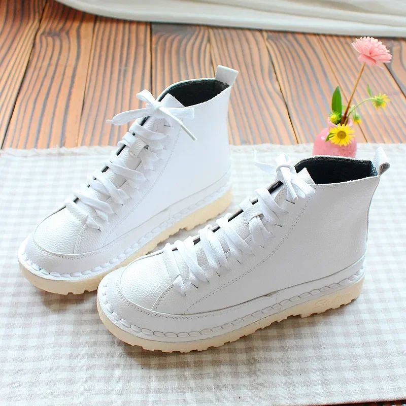 Japanese literary retro round head lacing women flat shoes comfortable soft bottom casual shoes booties Mori girl single boots