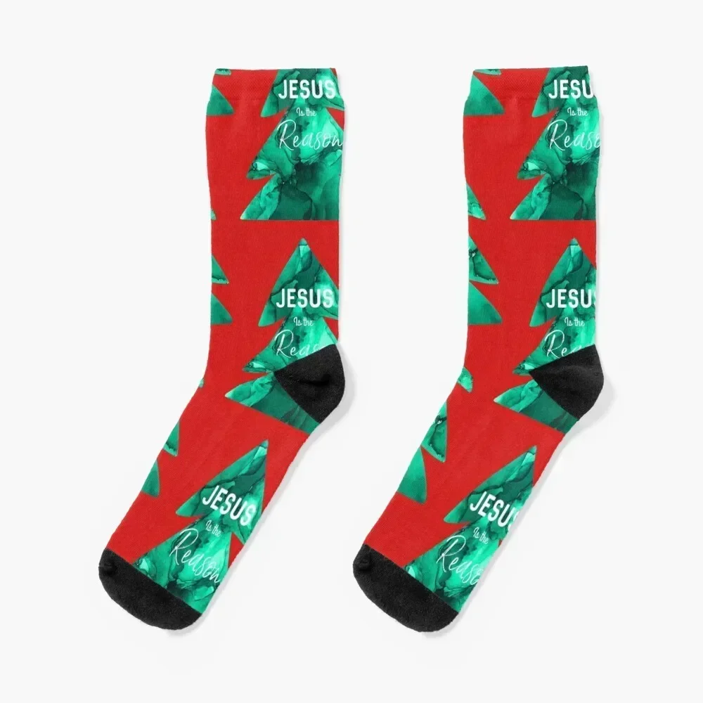 Jesus is the Reason on Original Abstract Alcohol Ink Christmas Tree Painting Socks ankle christmas gifts Woman Socks Men's