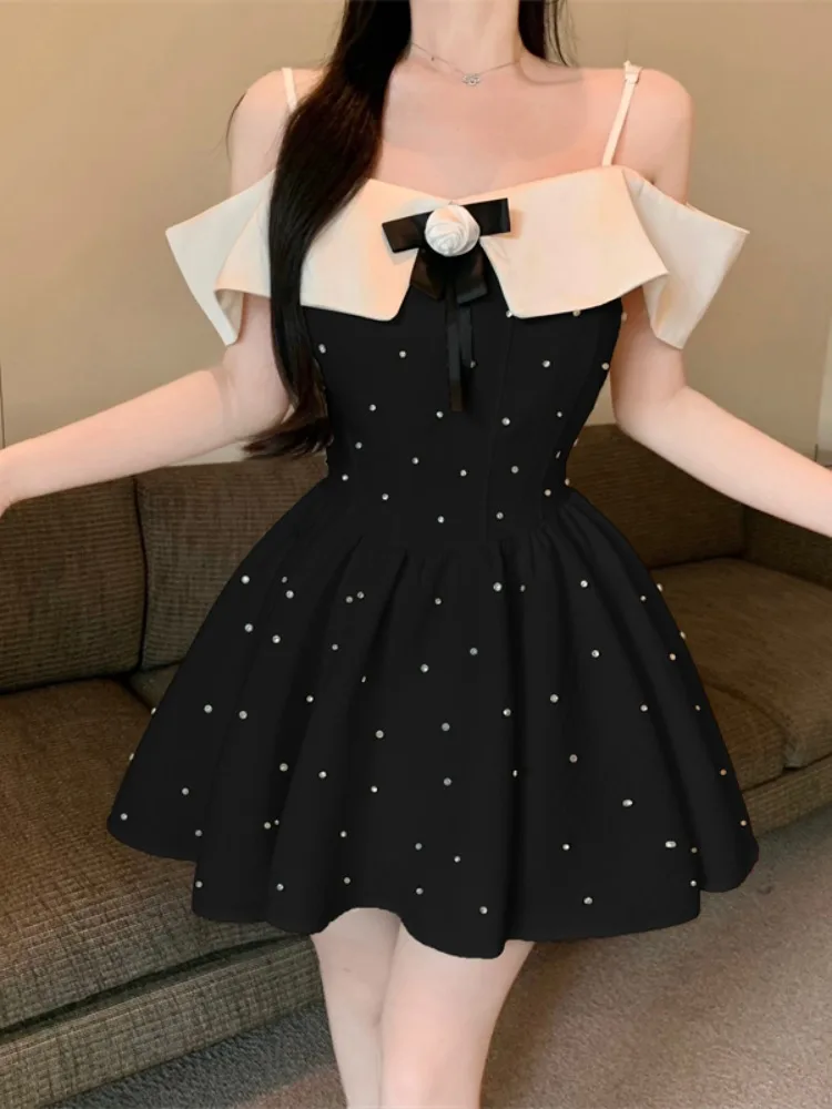 

A-line Birthday Party Mini Dresses Slash Neck Ruffles Bow Elegant Vestidos Mujer Vintage Korean Fashion Women Dress