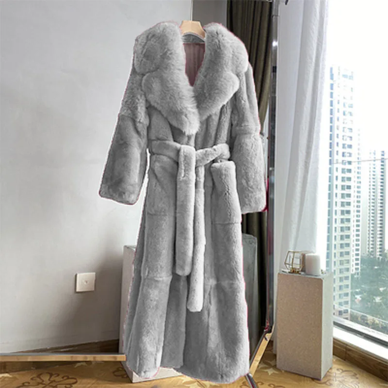 2023 Plus Size 5xl Winter Coat Women Fashion Belt X Long V Neck Thick Warm Faux Fox Fur Winter Coats for Women  B051