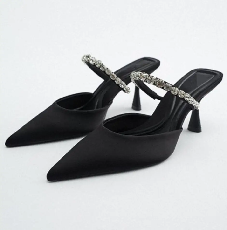 Women's Fashion Crystal Band Shoes High Heel Slippers 2026 Summer Pointed Water Stilettos Mules Sandalia Women Sexy Party Pump