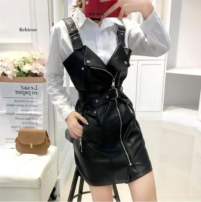 Faux Leather One Shoulder Sexy Dress Women V-neck PU Belt Bodycon Ladies Mini Dresses Strapless Zipper Female New