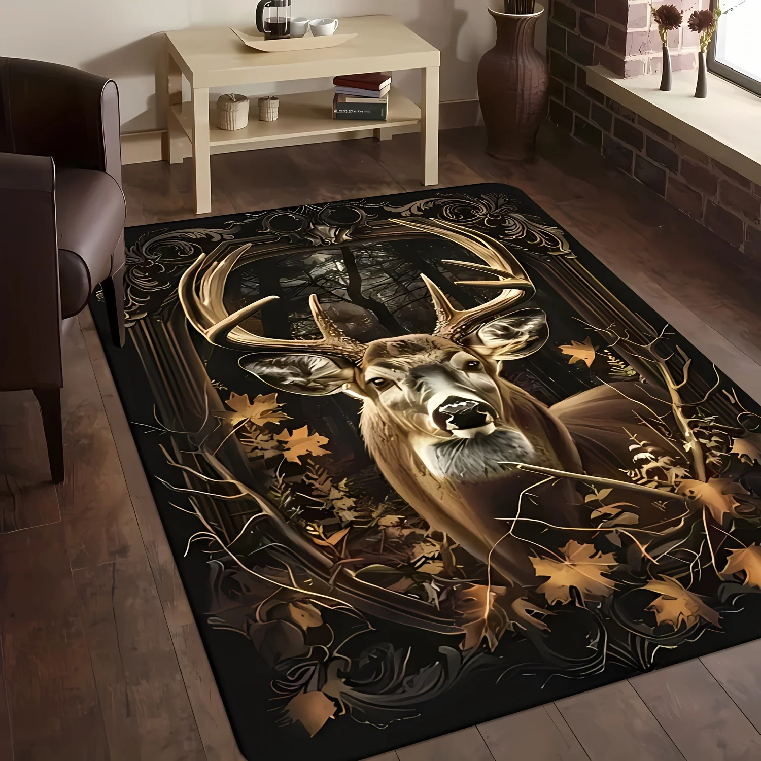 Vintage Autumn Deer Print Non-Slip Area Rug, Soft Flannel Carpet for Living Room Bedroom Entryway Study Game Room Decor - view 2