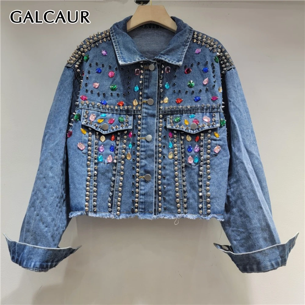 

GALCAUR Blue Spliced Diamonds Chic Jacket Female Lapel Long Sleeve Loose Vintage Luxury Women's Jackets Autumn Fashion New Style