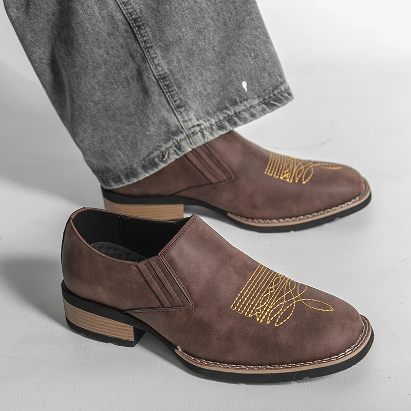 Western Cowboy Style Men Slip on Dress Shoes Embroidery Retro Matte Leather Low Wood Block Heel Wear Resistant Casual Loafers