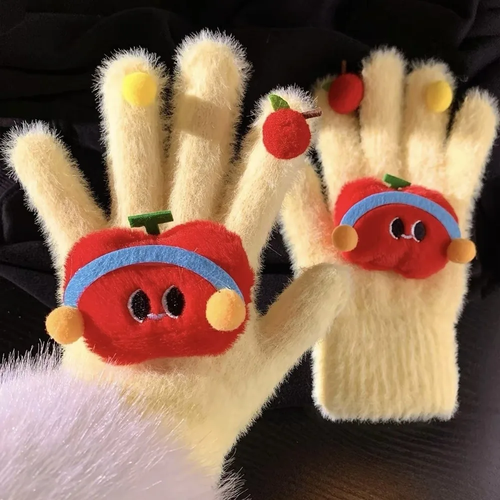 Cute Polyester Full Finger Gloves One Size Fits Most Cold Protection Apple Shape Gloves Thick Warm Gloves For Cycling