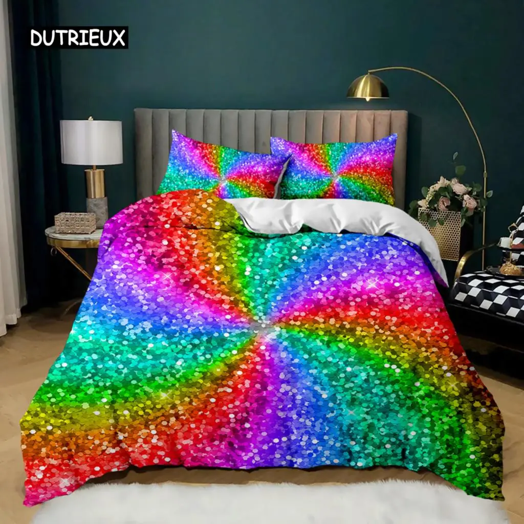 Rainbow Duvet Cover Set Girly Spiral Multicolor Bright Sequins Bedding Set for Kids Girls King Size Soft Microfiber Quilt Cover