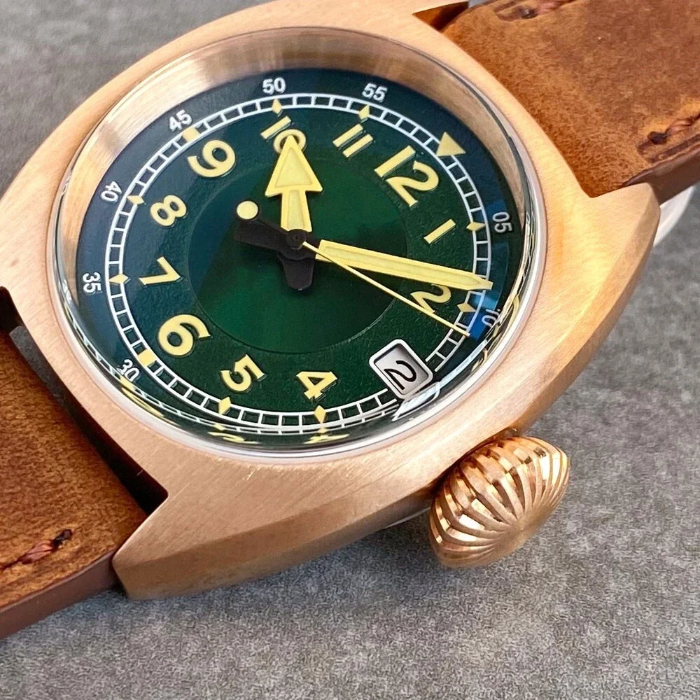 Customized 316L Steel/CUSN8 Bronze 36mm Case Black/Green Dial NH35 Mechanical Men Watch 20ATM Dome Sapphire Glass Retro Vintage