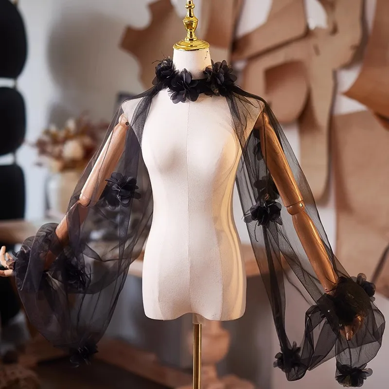 المرأة زهرة سوداء شبكة الباشمينا أداء الإناث عرض الحفلات شال عباءة طوق R2672