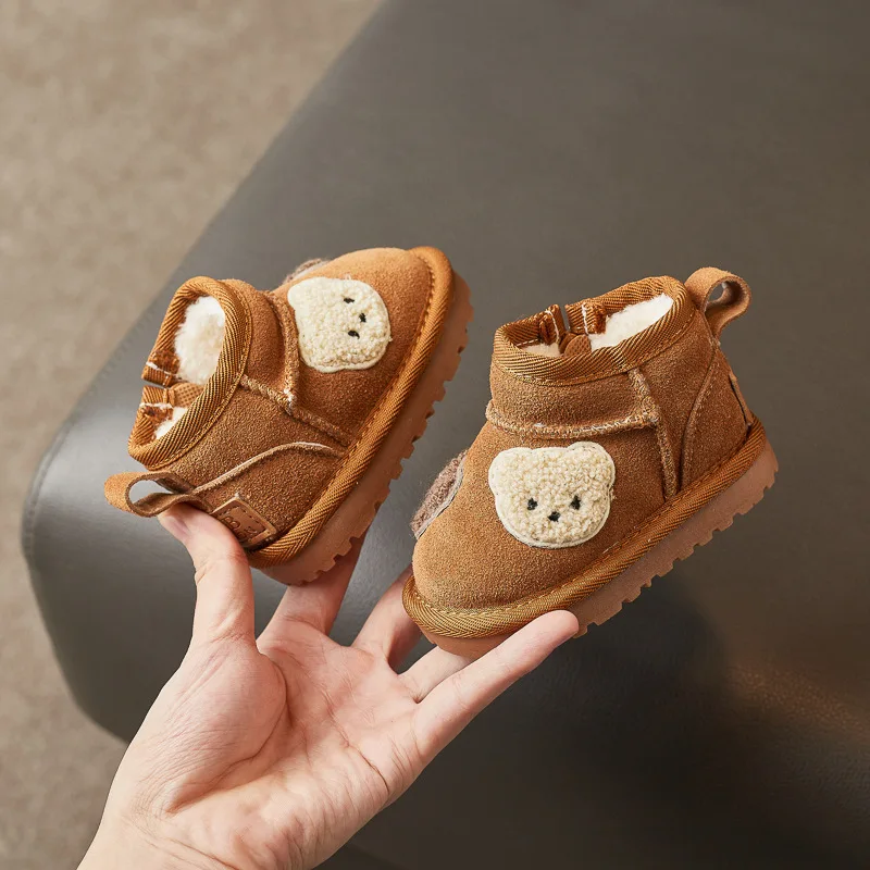 Toddler Kids Bear Patch Winter Ankle Boots Thick Fleece Lined Warm Side Zip Non‑slip Soft Sole Boots For Cold Daily Wear