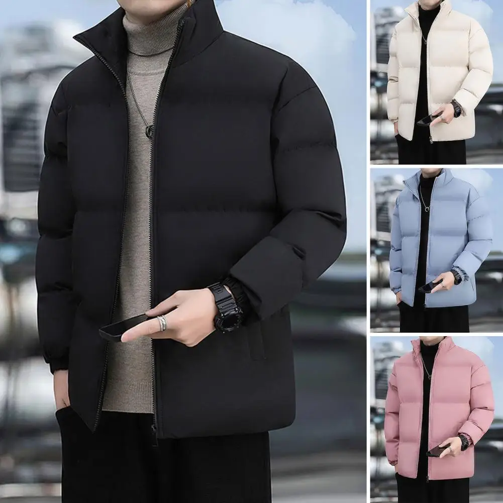 Men Cotton Coat Thickened Padded Windoroof Heat Retention Solid Color Long Sleeve Stand Collar Neck Protection Pockets Jacket