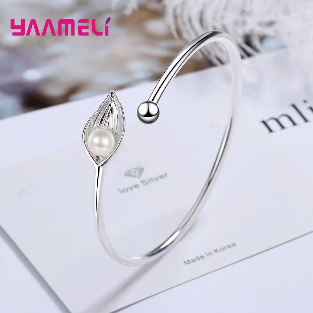 Natural Style Fresh Water Pearl 925 Sterling Silver Open Cuff Bracelet Bangle for Women Girl Birthday New Year Gifts
