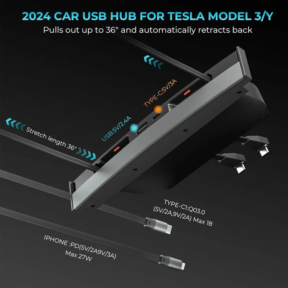 محور USB لشاحن تسلا السريع موديل Y/3 مقاوم للماء متعدد المنافذ محطة إرساء قابلة للسحب موديل Y 2021-2024 موديل 3 2021-2023 #3