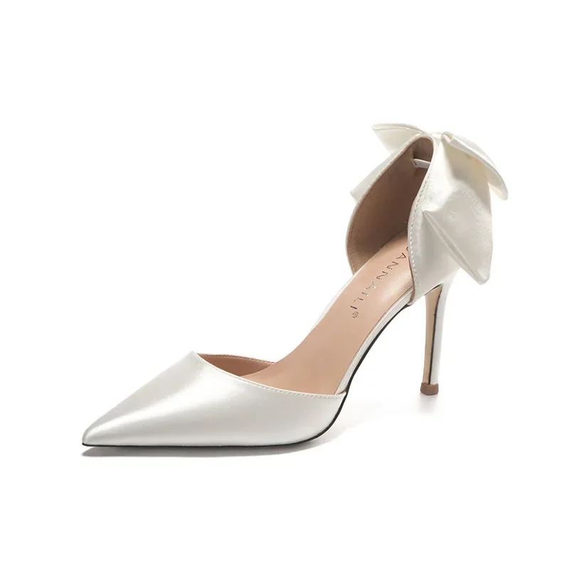 Shoes Butterfly knot Woman Silk High Heels Women Shoe Thin Heels white Wedding Shoes Elegant Heels Women Side Hollow Sandals 9cm