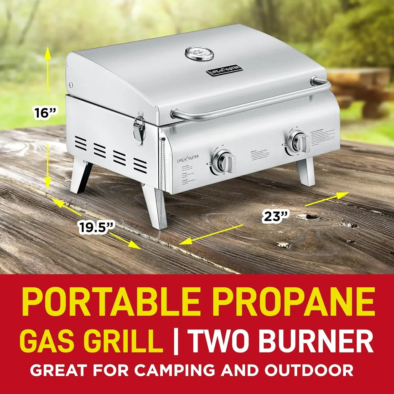 Portable Stainless Steel Gas Grill - 2 Burners Easy Clean Tabletop BBQ Propane Gas Grill with Foldable Legs and Wind Proof Lid f