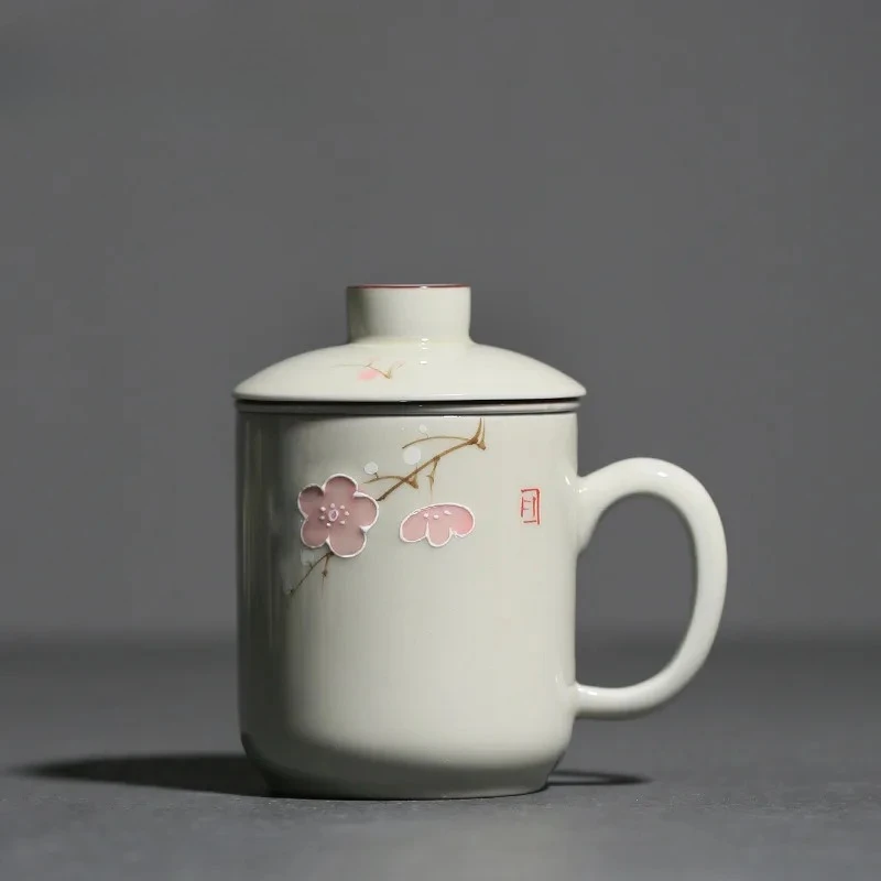 

320ml Hand Drawn Peach Blossom Ceramic Filter Tea Separator Cup Tea Brewing Separation Mug Office Work Mug Teacher's Day Gift