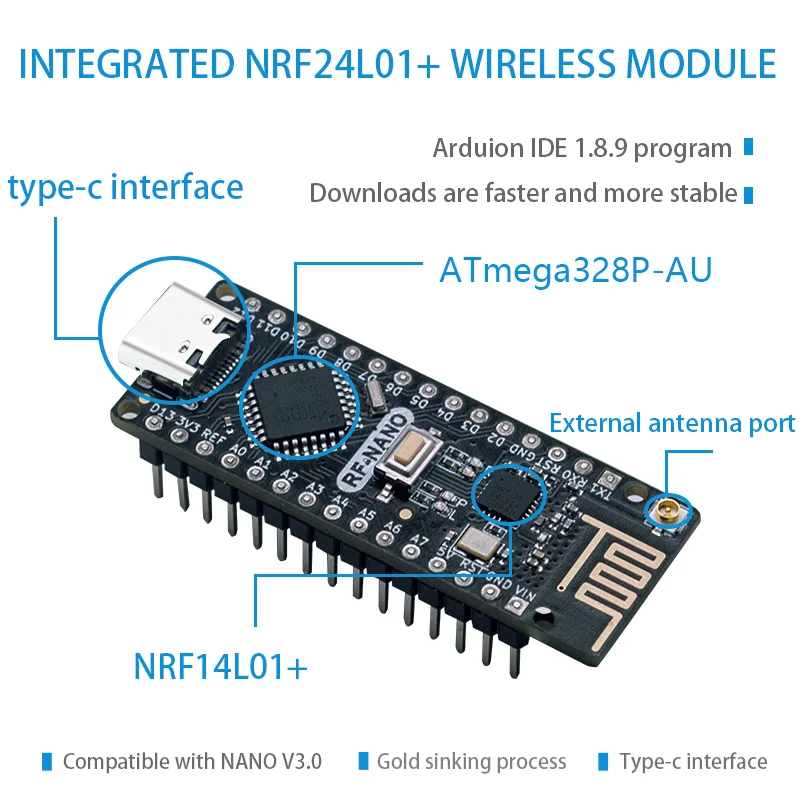 RF-Nano per Arduino Nano V3.0, scheda Nano tipo C ATmega328P CH340 Integrare NRF24L01+2.4G Wireless compatibile con la biblioteca RF24