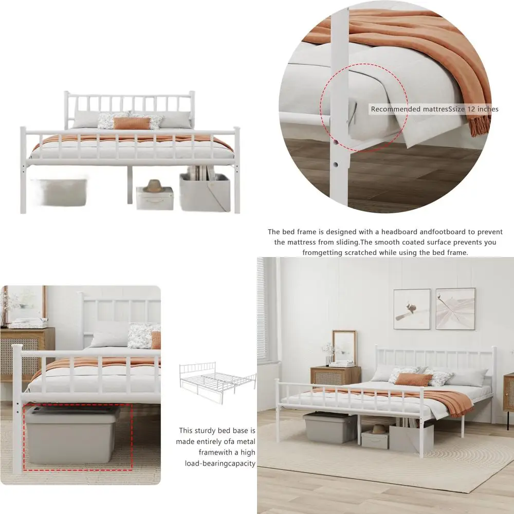 

Sturdy White Metal Queen Bed Frame with Headboard, No Box Spring Needed, Easy Assembly, Steel Slat Support