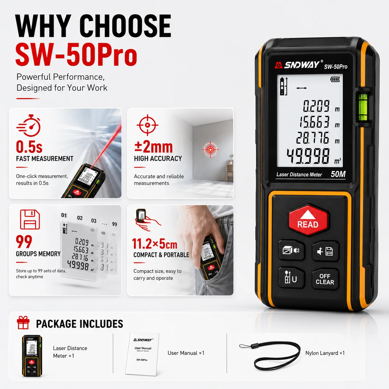 SNDWAY Laser Afstandsmeter SW-50Pro 50M 70M 100M Digitale afstandsmeter ±2mm Nauwkeurigheid Oppervlakte- en volumemeting