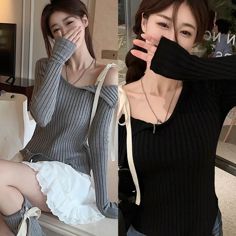 Sexy Off Pullover Shoulder Sweater Women Knitted Asymmetrical Slash Neck Lace Up Long Sleeve Striped Elegant Casual Loose Top