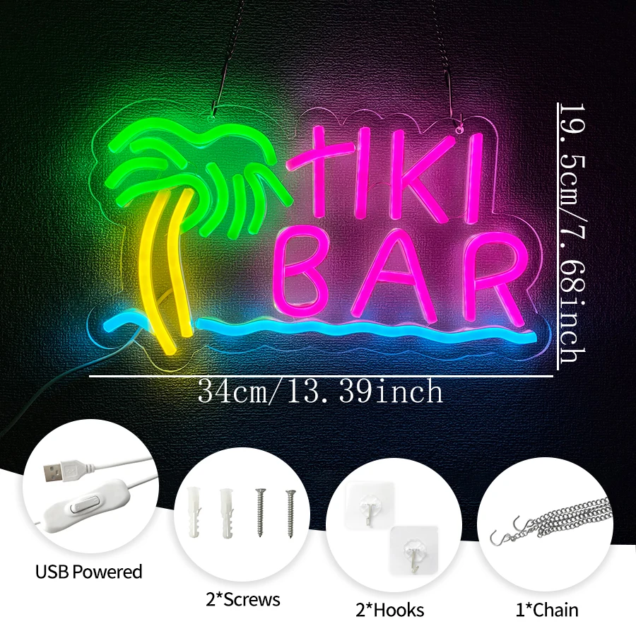 Tiki Bar Neon Sign for Wall Decor,LED Neon Lights for Hawaii Beach Bar Party,USB Neon Bar Sign For Man Cave Bar Pub Club Bistro