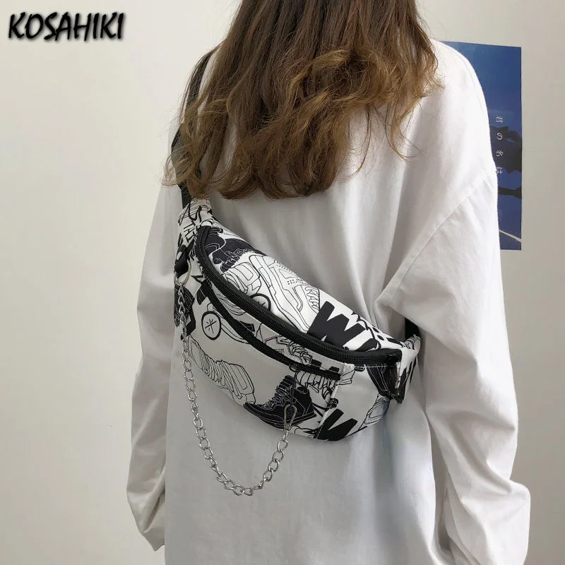 Harajuku Japanese Personality Chain Crossbody Bags Women All Match Korean Punk Shoulder Bag Y2k Aesthetic Graffiti Chest 