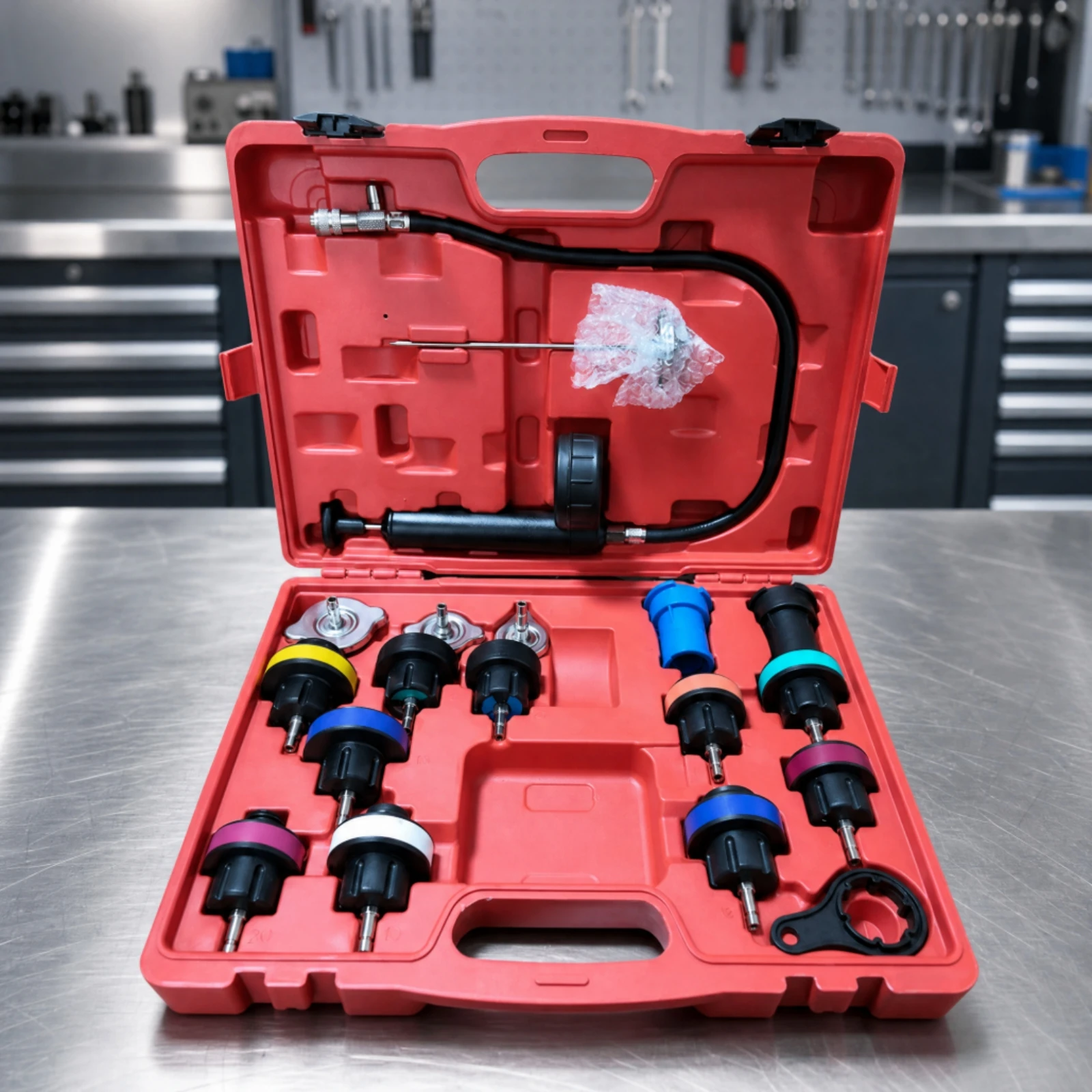 18 Pieces Cooling System Leak Tester Organized Storage Heater Pressure Tester with Hand Pump for Mechanics, Garages