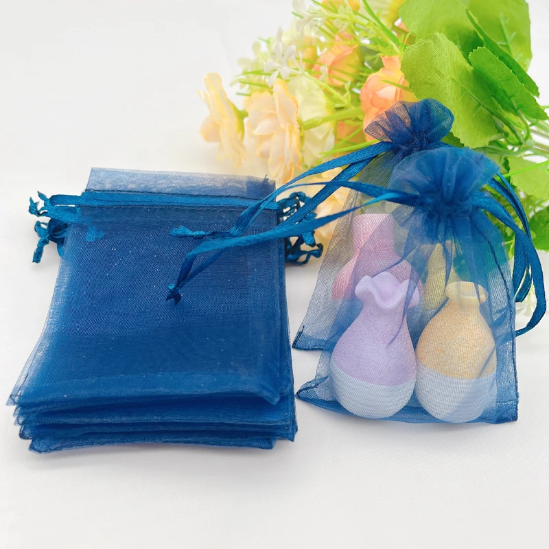 Pack of 100 Navy Blue Organza Gift Pouches with Drawstring for Wedding Favors Party Supplies Christmas Packaging Storage Pouches