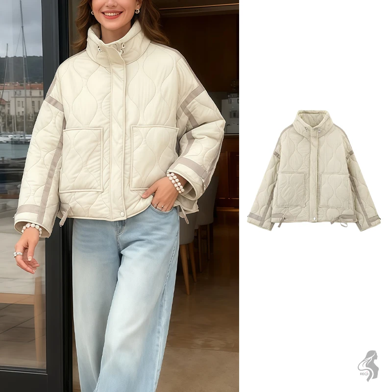 

Womens Quilted Wave Pattern Cotton Jacket With Stand Collar Color Block Edging Drawstring Waist Loose Short Coat Woman Clothes
