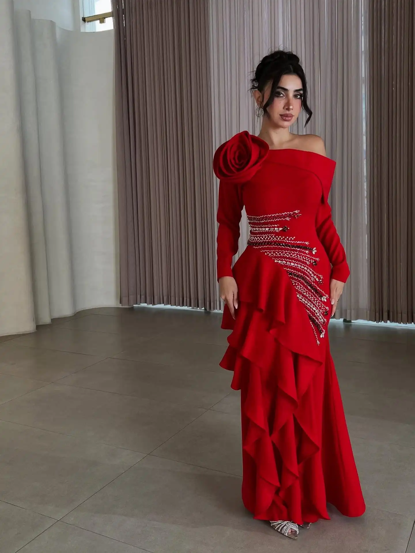 

AsaNagi Elegant Red Prom Dresses Women Gowns One-Shoulder Flower Sequin Decoration Celebrity Party Dresses Customized