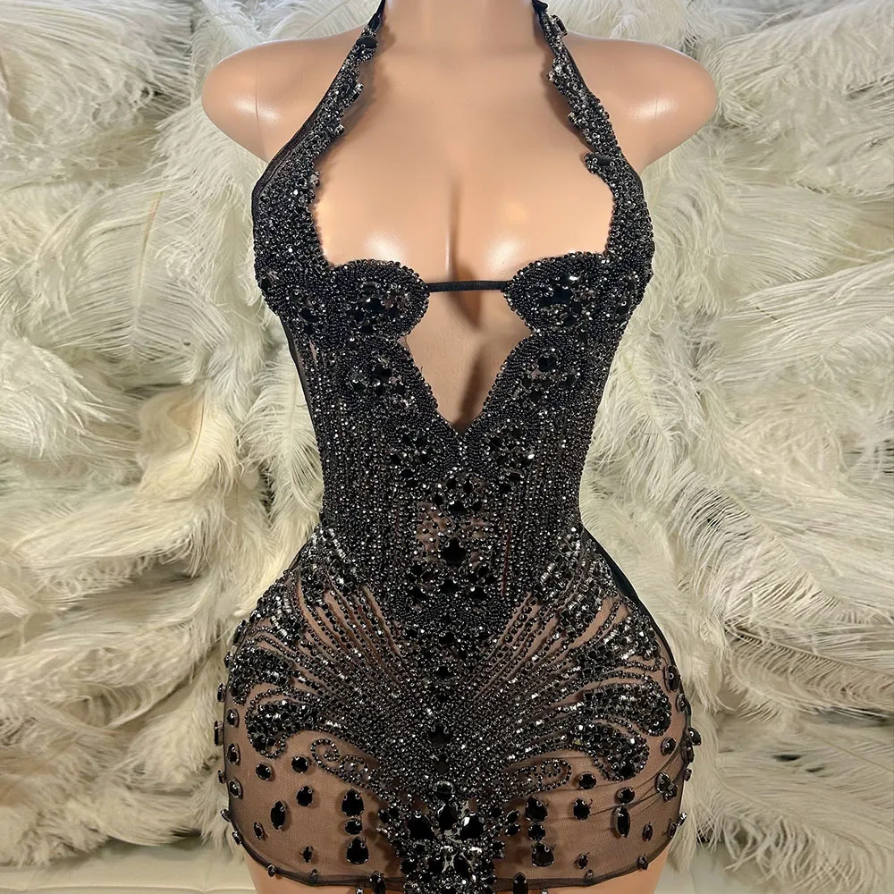 Sparkly Silver Party Dress Woman For Birthday Pictures Crystal Luxury Short Prom Gowns Sheer Neck Mini Cocktail Dress Customized