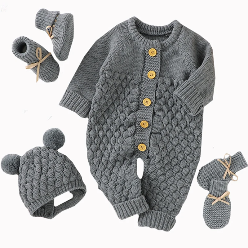 Winter Warm Knitted Baby Rompers Baby Shoes + Gloves Clothes Autumn Newborn Boy Girl Jumpsuit Outfit Toddler Infant Knitwear