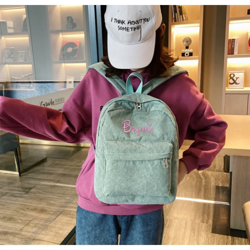 Personalised Embroidery Simple Backpack Corduroy School BackpacksSolid Color Casual Backpack School Bookbag Travel Backpack