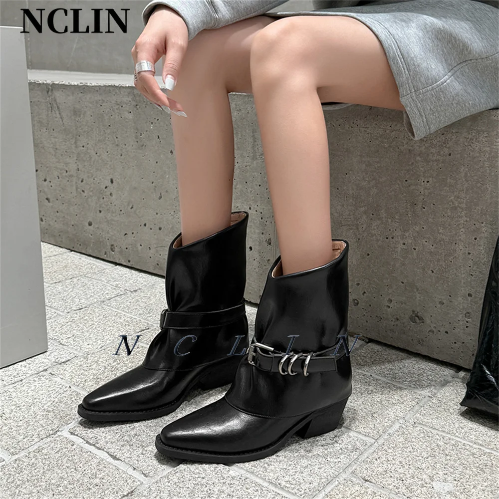 NCLIN-Botas de piel auténtica para mujer, botines de media caña, cálidos, de caballero, con punta estrecha, para motocicleta, otoño e invierno, 2024