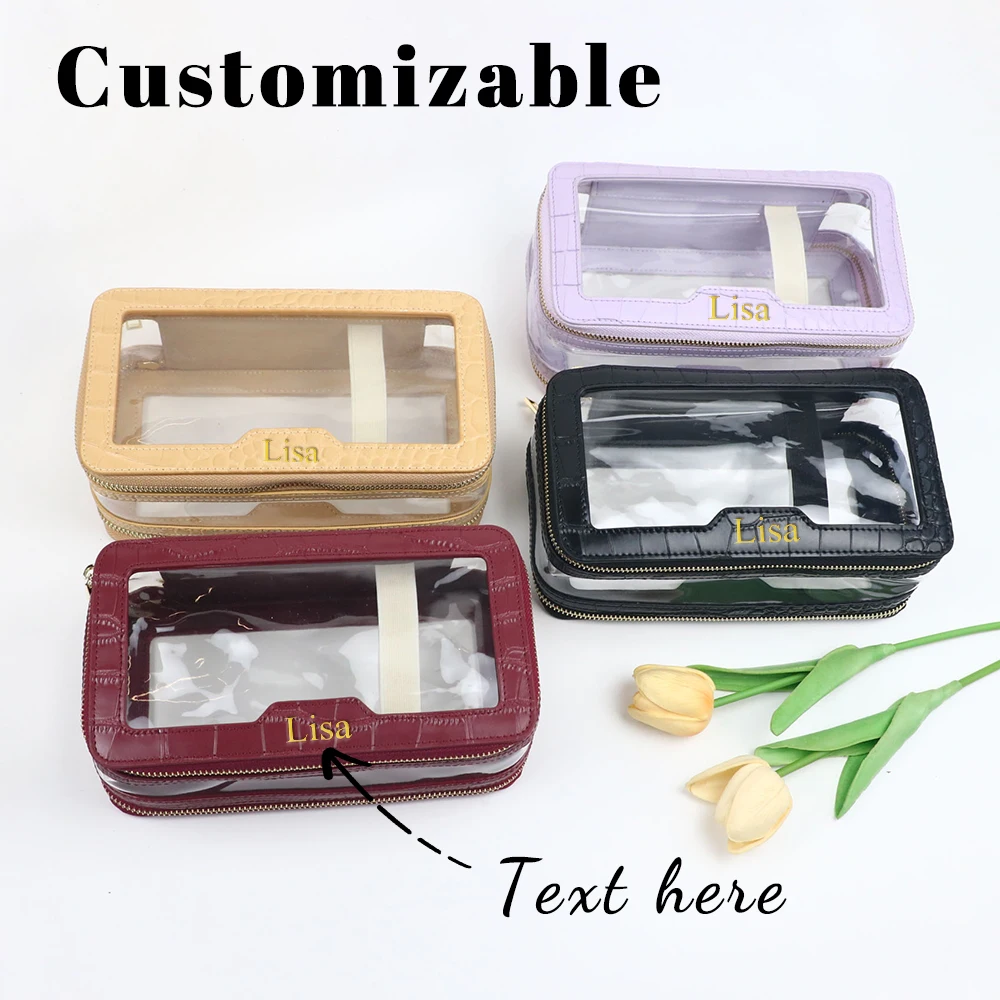Customized Name PU Leather + Transparent TPU Toiletry Bag, Travel Portable Makeup Bag, Large-Capacity Waterproof Storage Bag
