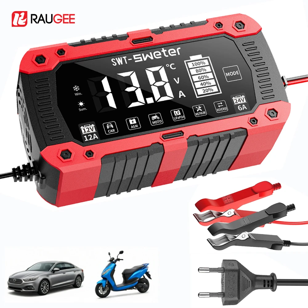 Car Battery Charger 12V 12A Pluse Repair Battery Charger for Motorcycle Display Screen Battery Charger for Unit Lead-Acid Repair