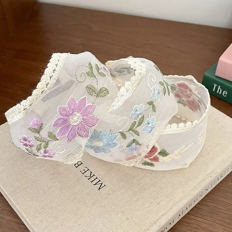 عصابة رأس شبكية مطرزة على شكل زهرة من الدانتيل للنساء، ربطة شعر أنيقة وبسيطة من القماش للفتيات