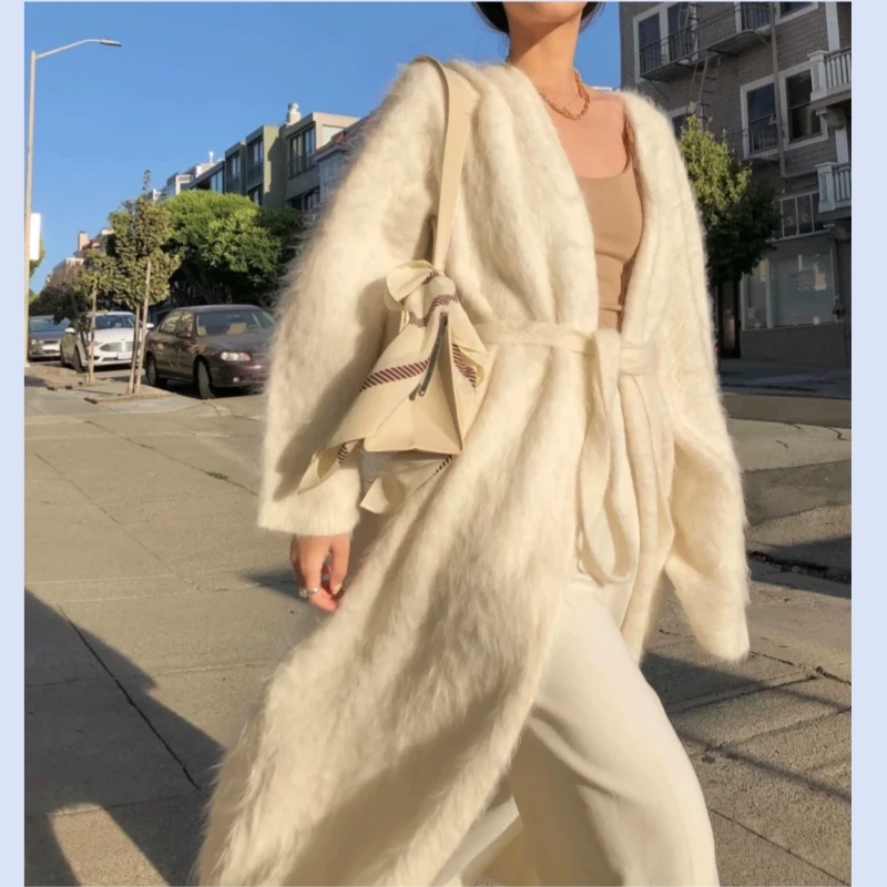 Little Octopus Same Style Women's Autumn/Winter Nordic Style Casual Belt Open Collar White Cardigan Coat