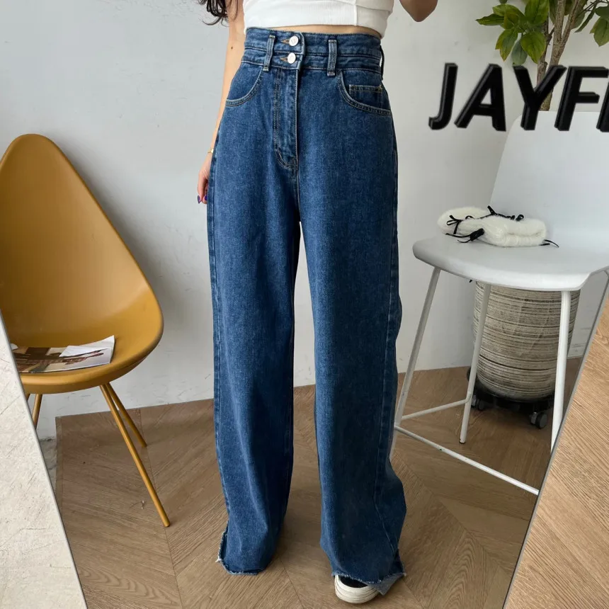 South korea Chic Autumn and Winter  Temperament High Waist Buckle Versatile Slimming Frayed Wide Leg Pants Straight Pant...