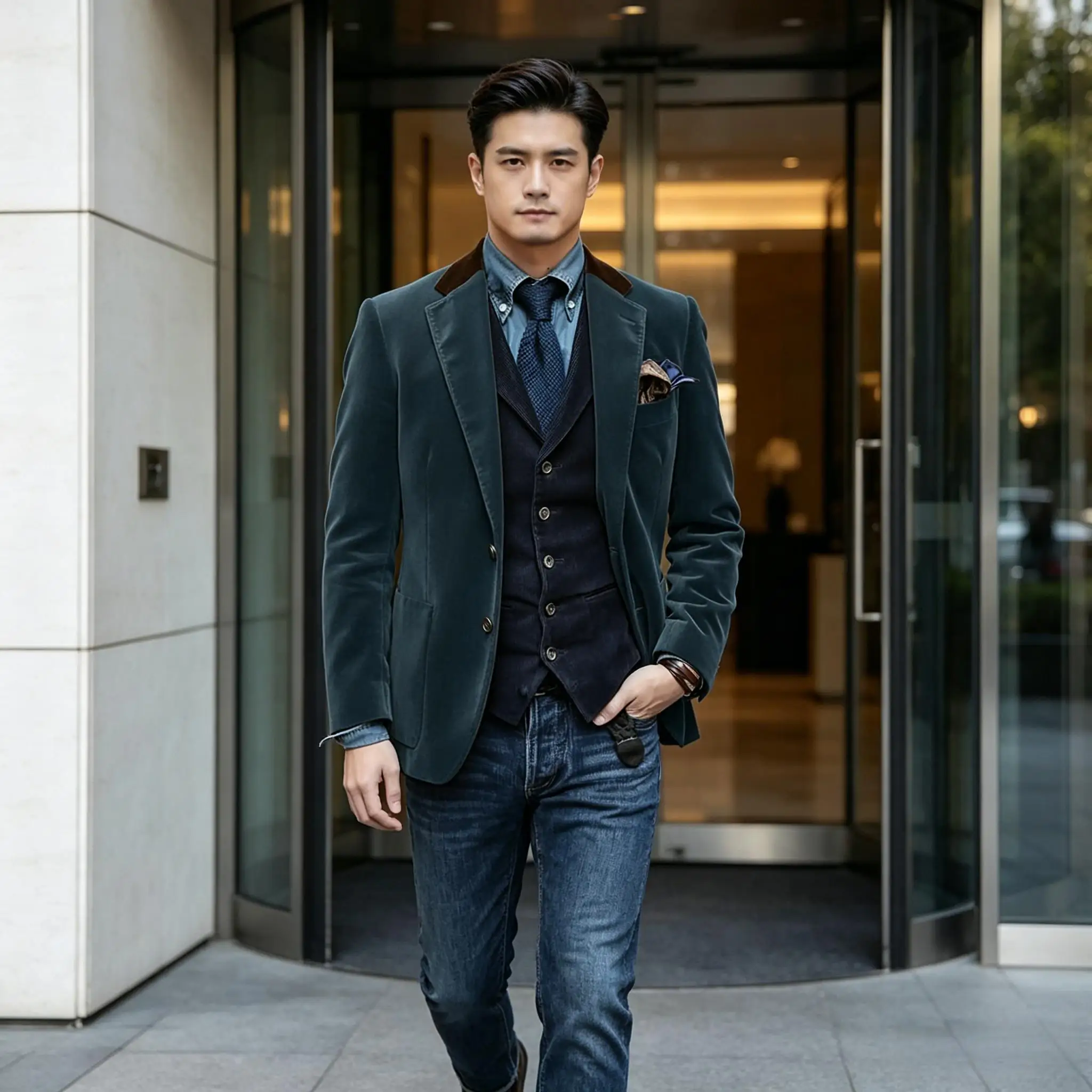 Men Velvet Blazer Contrast Brown Lapel Single Breasted Flap Pockets Smart Casual Business Streetwear Formal Suit Outer Coat