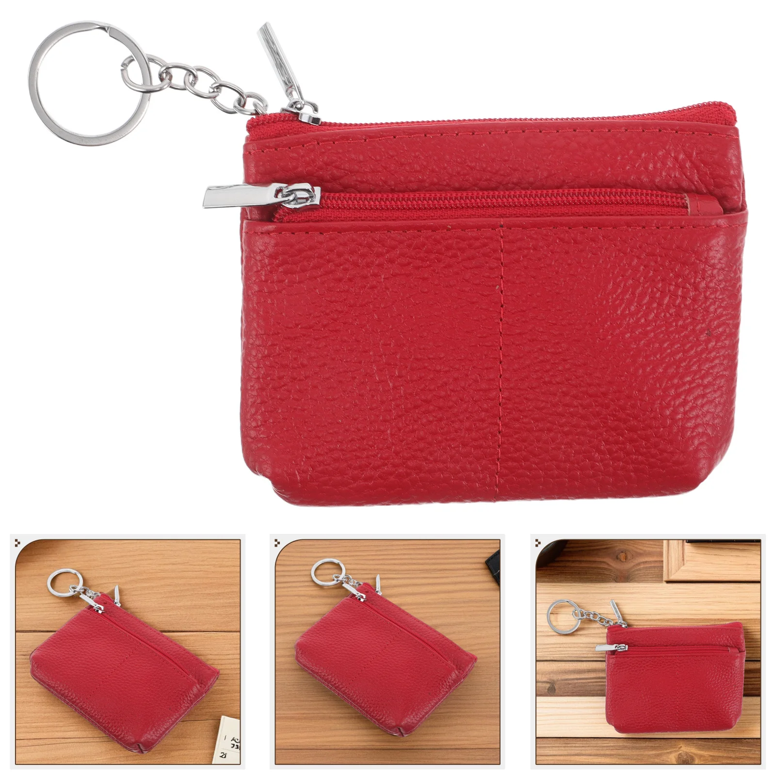 

Genuine Cowhide Mini Wallet For Women Slim Front Pocket Card Holder Keychain Zipper Money Bag Compact Cash Pouch Red