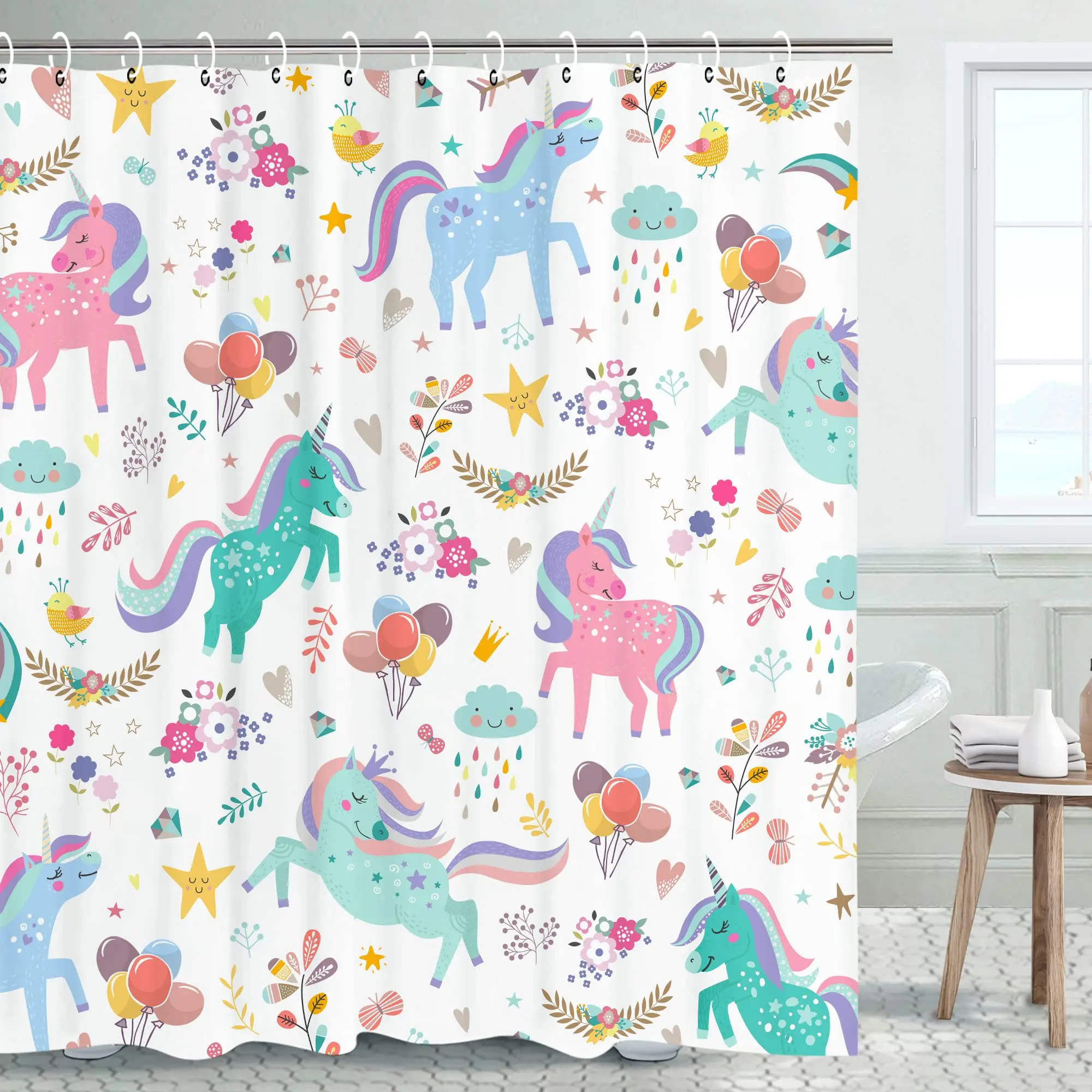 Unicorn Shower Curtain Kids Girls Funny Fairy Cartoon Fantasy Colorful Baby Animal Rainbow Bathroom Home Decor Fabric Waterproof