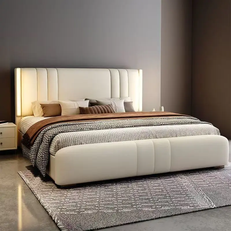 *Modern Luxury king Size  Hotel Villa Luminous  Soft Storage Rotating Leather Soft Cushion room Set Wooden Frame