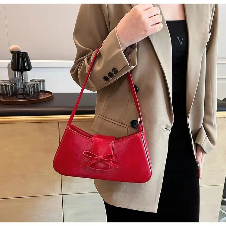 Bolso pequeño con lazo para mujer, bolsa de hombro femenina de cuero Pu, moda coreana Y2K, 2024