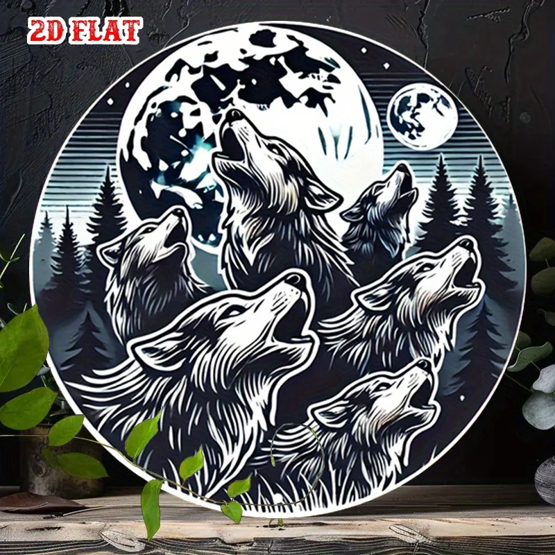 2D Flat Forest Scene Howling Moon Round Metal Aluminum Sign, Wolf Pack Rustic Metal Wall Art, Night Spirit Metal Wall Art Decor