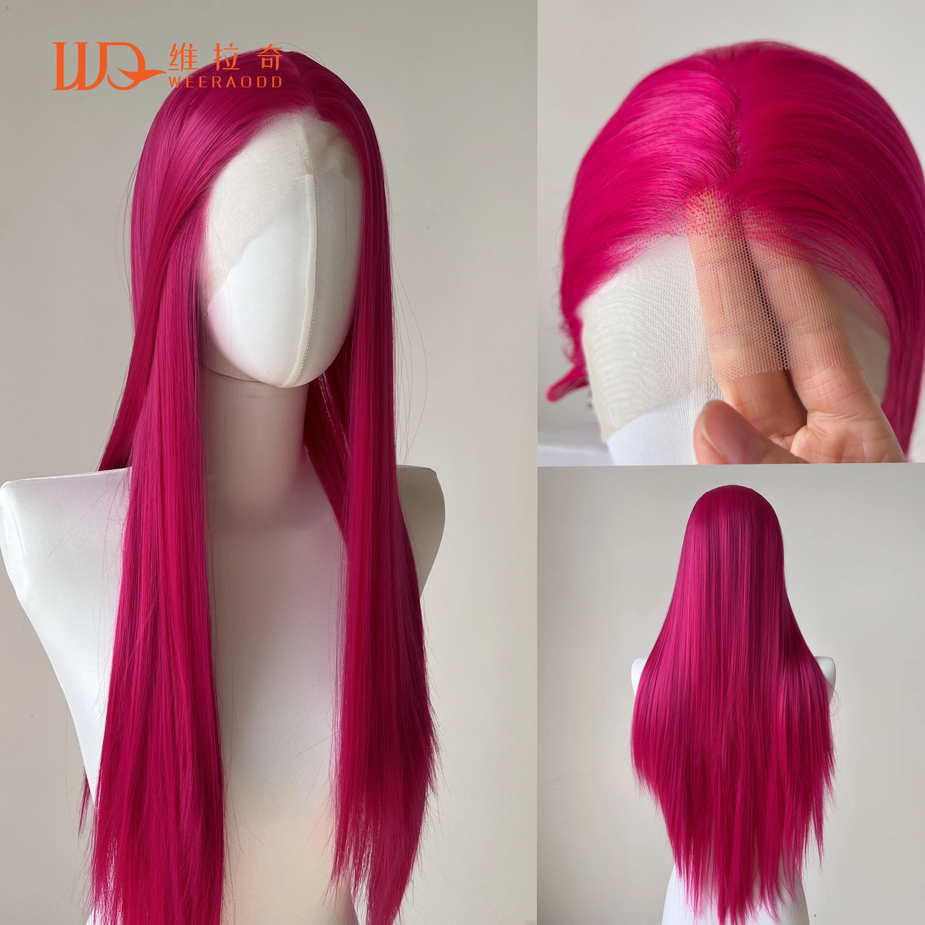 

Розово-розовый прямой синтетический парик шнурка Бесклеевые парики для женщин Натуральная линия волос Повседневная одежда Длинный розовый парик Косплей Часть фронта волос