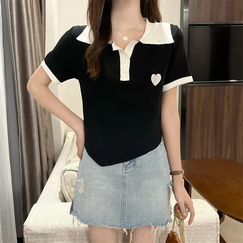 2024 New 8 Colors Irregular Design Women's Short Sleeved T-shirt Fashion Trends Knitwear Slim Fit Top Classic Green black