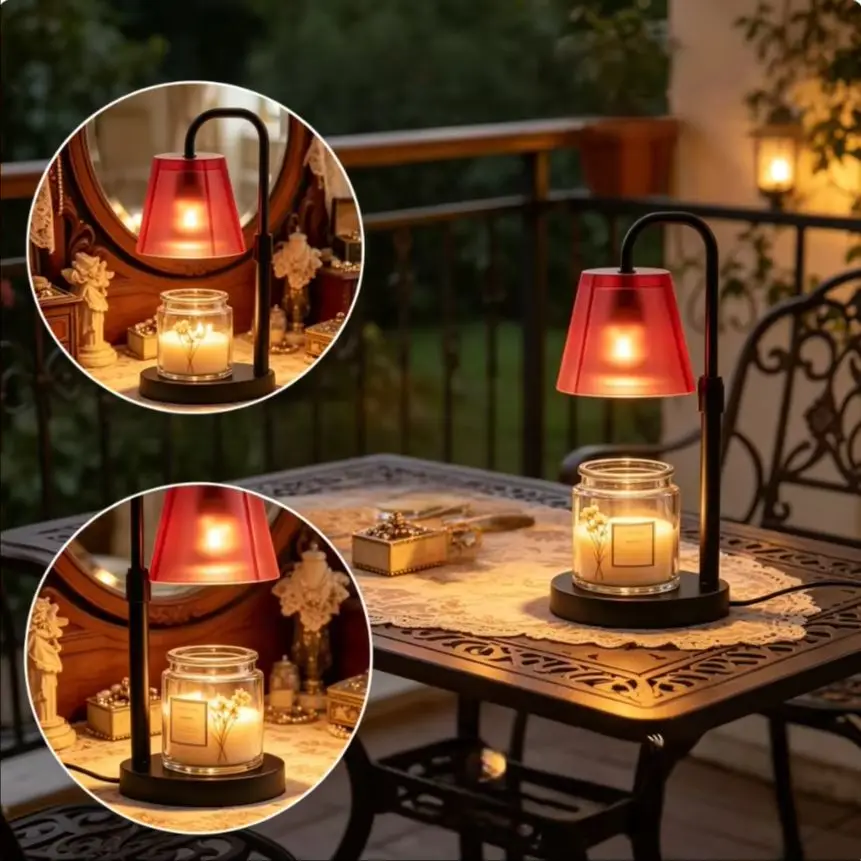 

Electric Candle Warmer Lamp Timer Dimmer Control Crimson Glass Shade US Plug 110V Flameless Top-Down Wax Melter Night Light